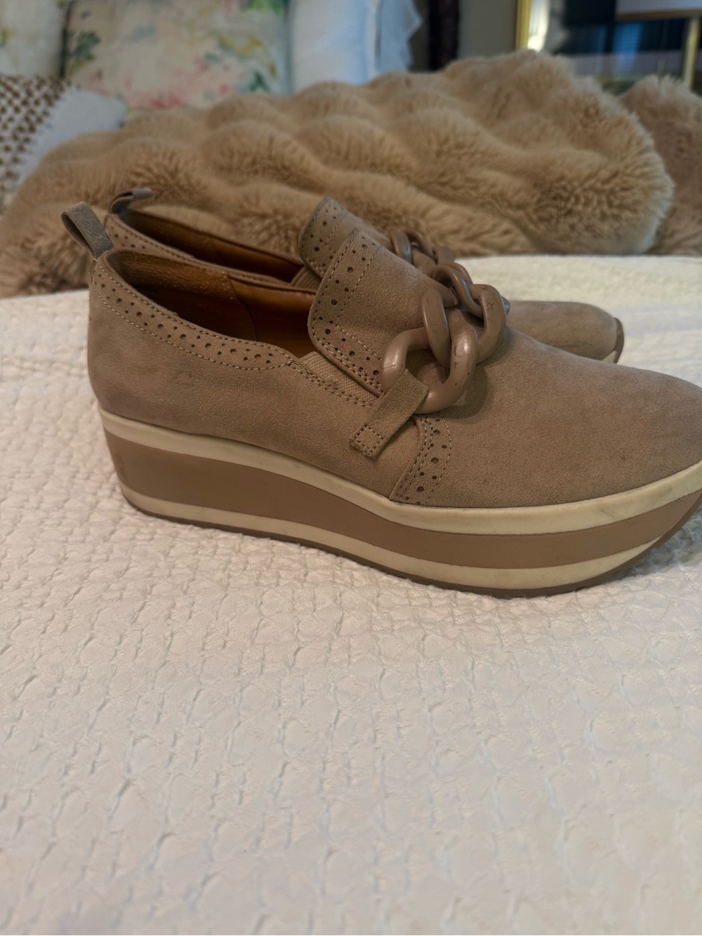 Women’s Taupe Suede Platform Slip-On Loafers with Chain Accent
